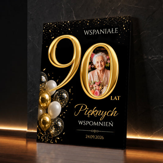 Personalizowany prezent dla kobiety na 90. urodziny - zdjęcie na płótnie z fotografią i okolicznościowym napisem
