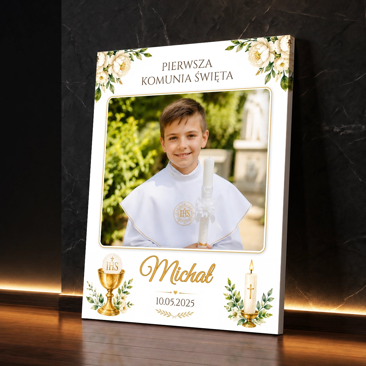Personalizowane zdjęcie na płótnie na Pierwszą Komunię Świętą z imieniem oraz datą