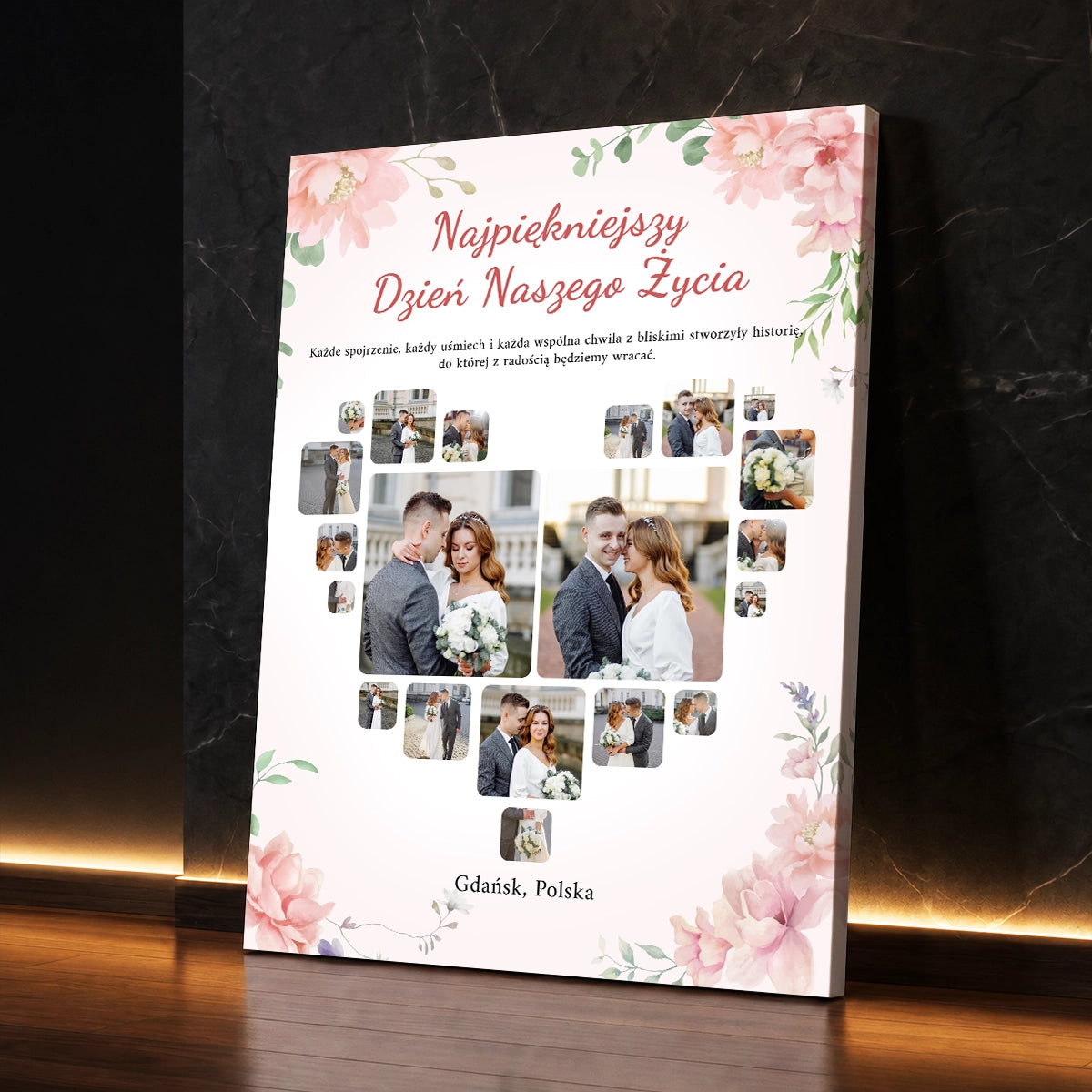 Personalizowany prezent dla pary na ślub - kolaż na płótnie przedstawiający nowożeńców