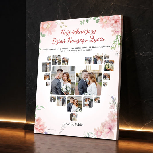 Personalizowany prezent dla pary na ślub - kolaż na płótnie przedstawiający nowożeńców