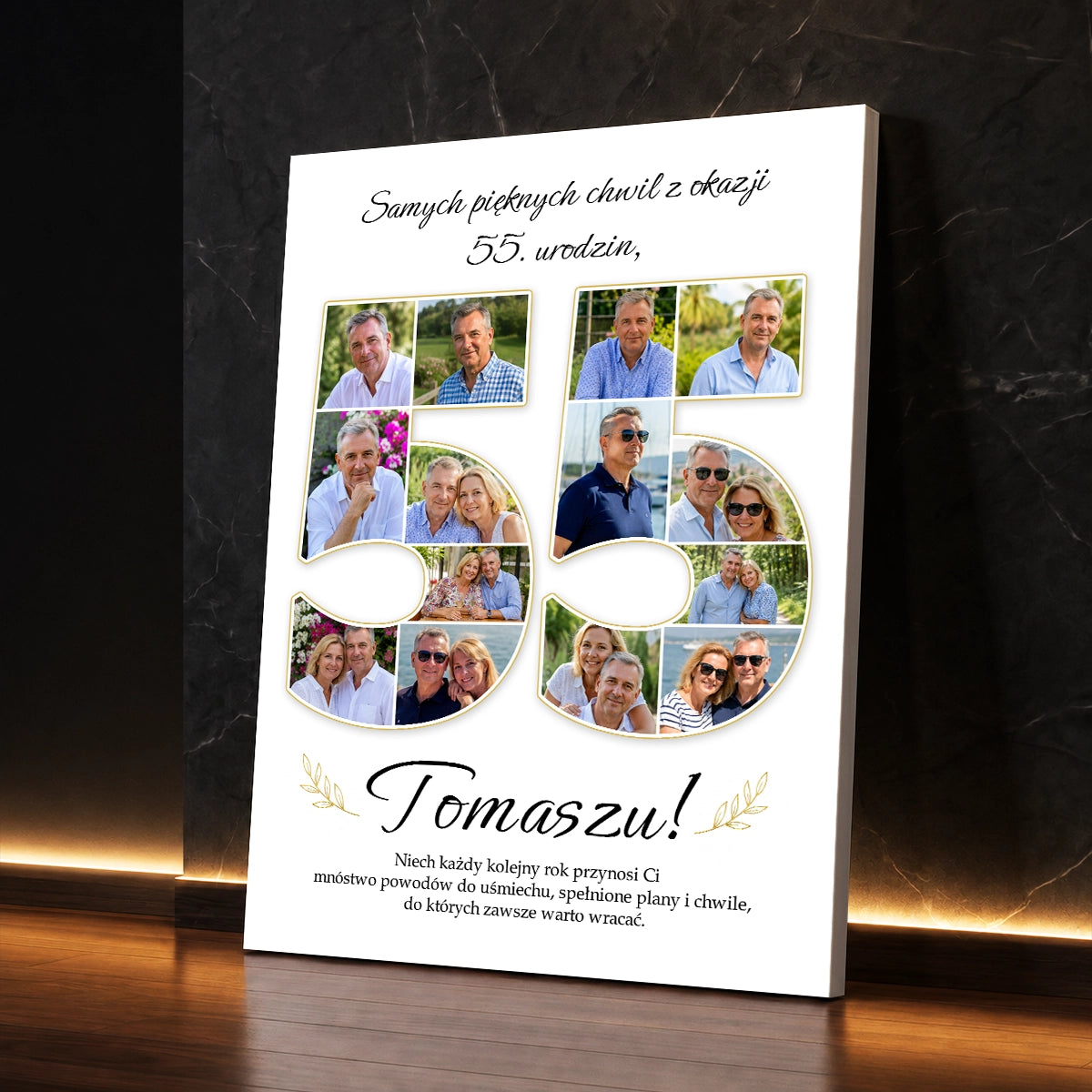 Personalizowany prezent dla niego na 55. urodziny - kolaż na płótnie z życzeniami urodzinowymi