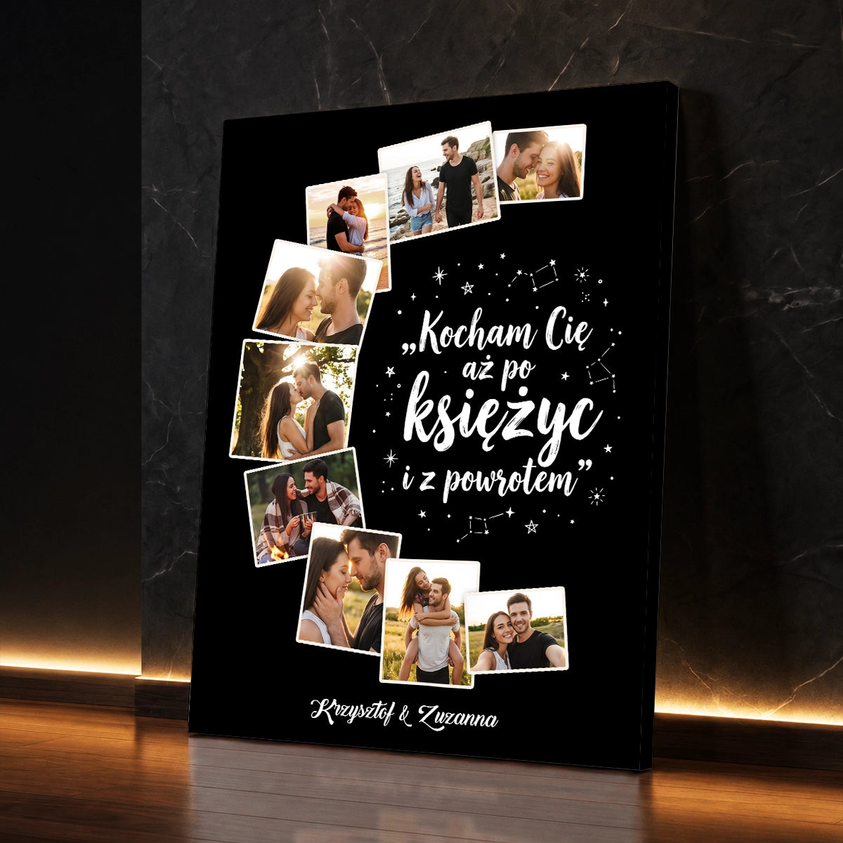 Kolaż na płótnie ze zdjęciami pary i napisem Kocham Cię aż po księżyc i z powrotem jako romantyczny prezent dla pary