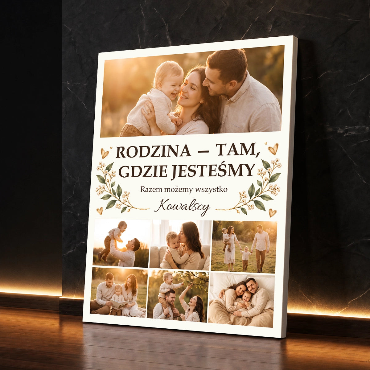 Personalizowany prezent dla rodziny - fotokolaż na płótnie z własnym nazwiskiem i wspólnymi zdjęciami rodzinnymi