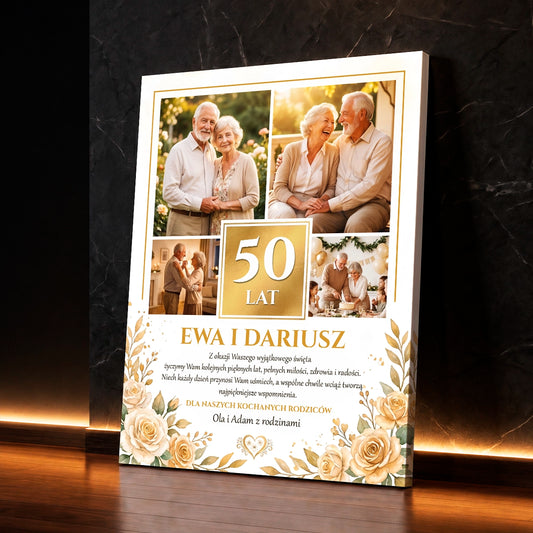 Kolaż na płótnie z fotografiami rodziców i cyfrą 50 – prezent na Złote Gody