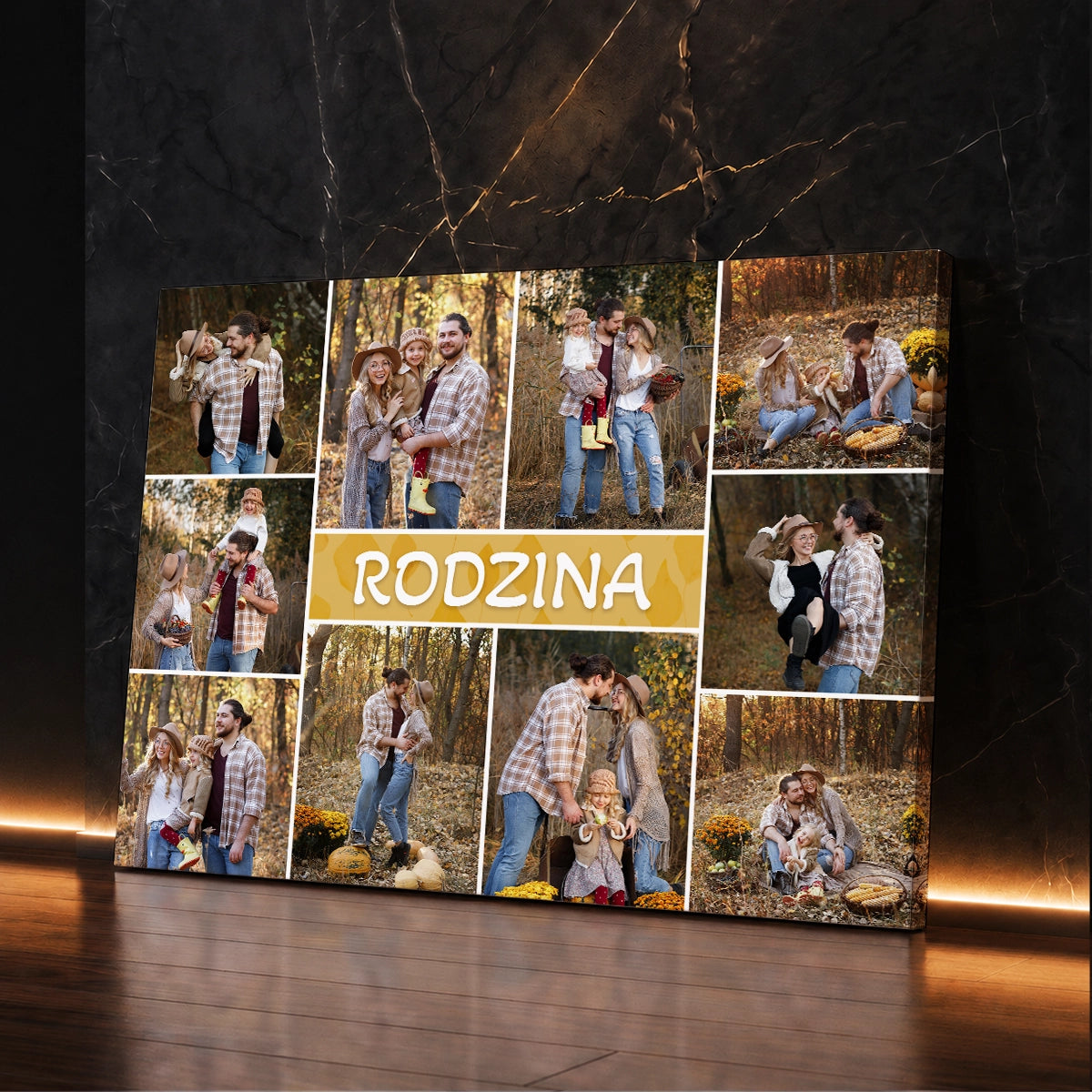 Rodzinny fotokolaż na płótnie z własnych zdjęć i napisem RODZINA – personalizowany prezent dla całej rodziny