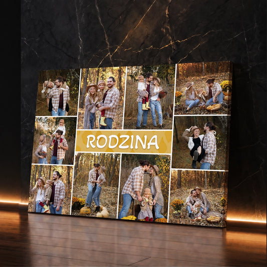 Rodzinny fotokolaż na płótnie z własnych zdjęć i napisem RODZINA – personalizowany prezent dla całej rodziny