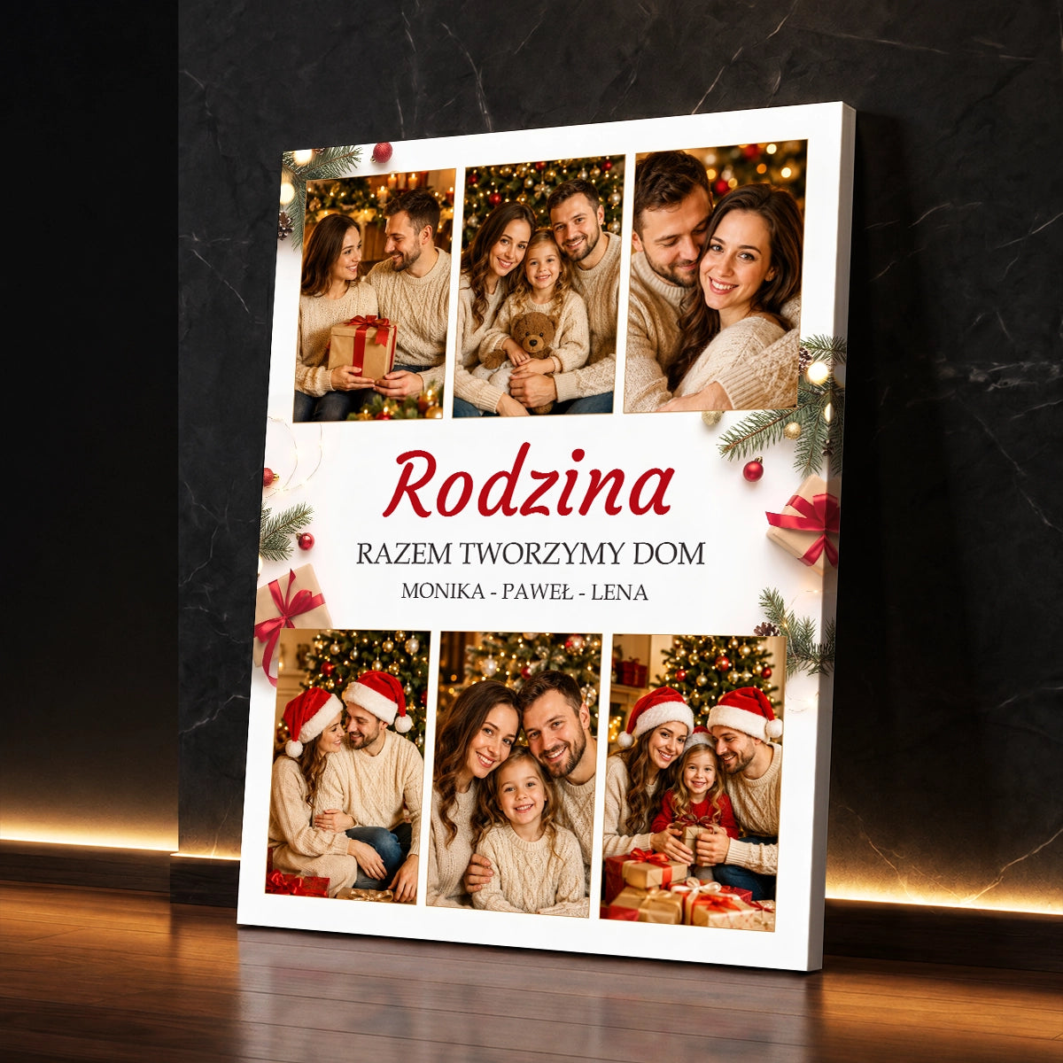 Personalizowany prezent dla rodziny na święta - kolaż na płótnie przedstawiający rodzinę na sześciu wspólnych zdjęciach