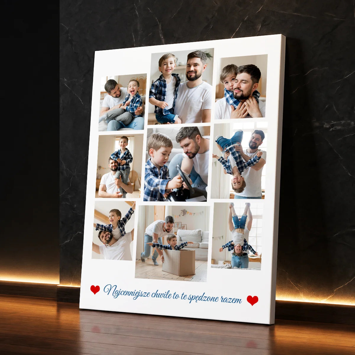 Personalizowany kolaż 9 zdjęć dla taty na płótnie z napisem Najcenniejsze chwile to te spędzone razem — prezent na Dzień Ojca