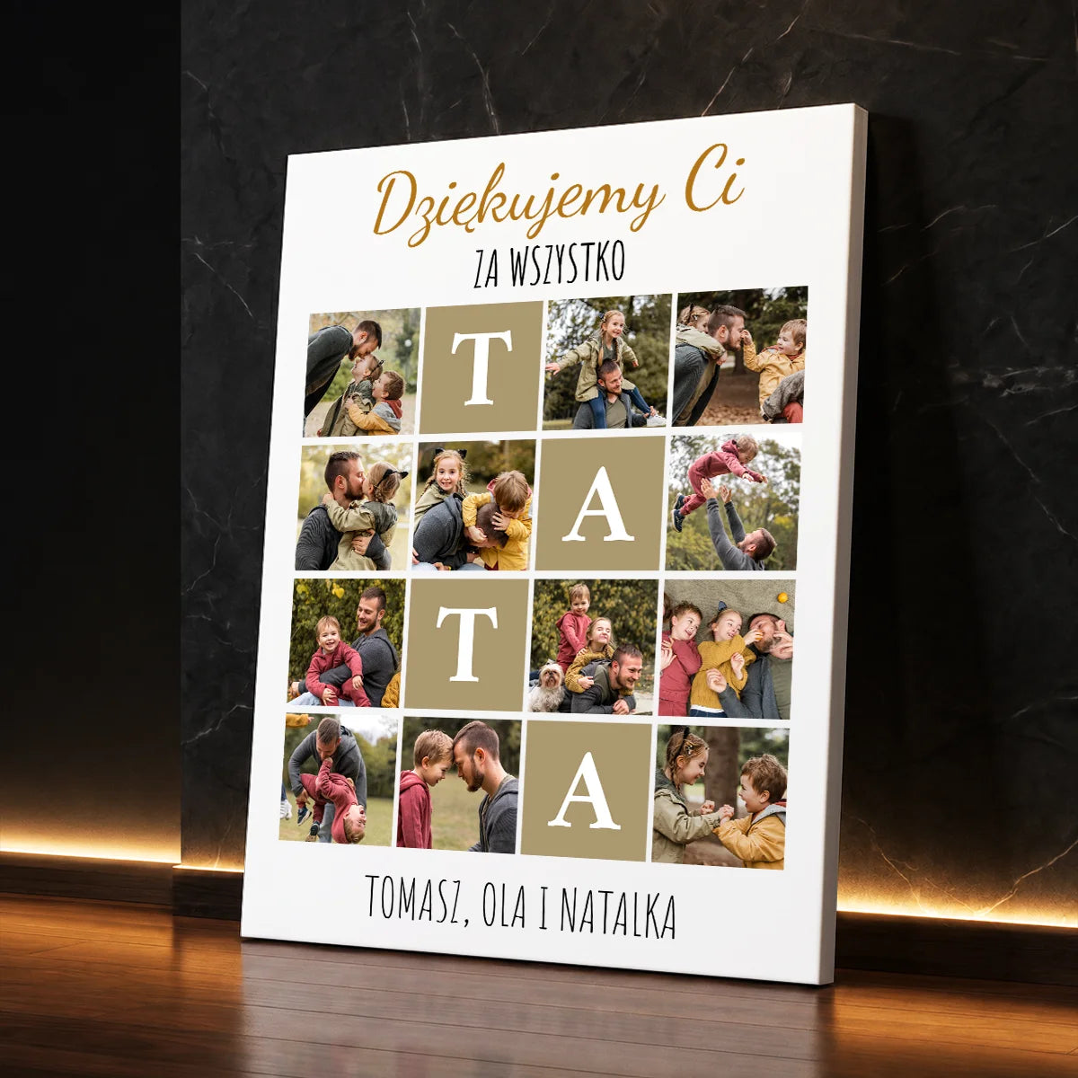 Personalizowany prezent dla taty na Dzień Ojca od dzieci – kolaż na płótnie z literami TATA i wspólnymi zdjęciami