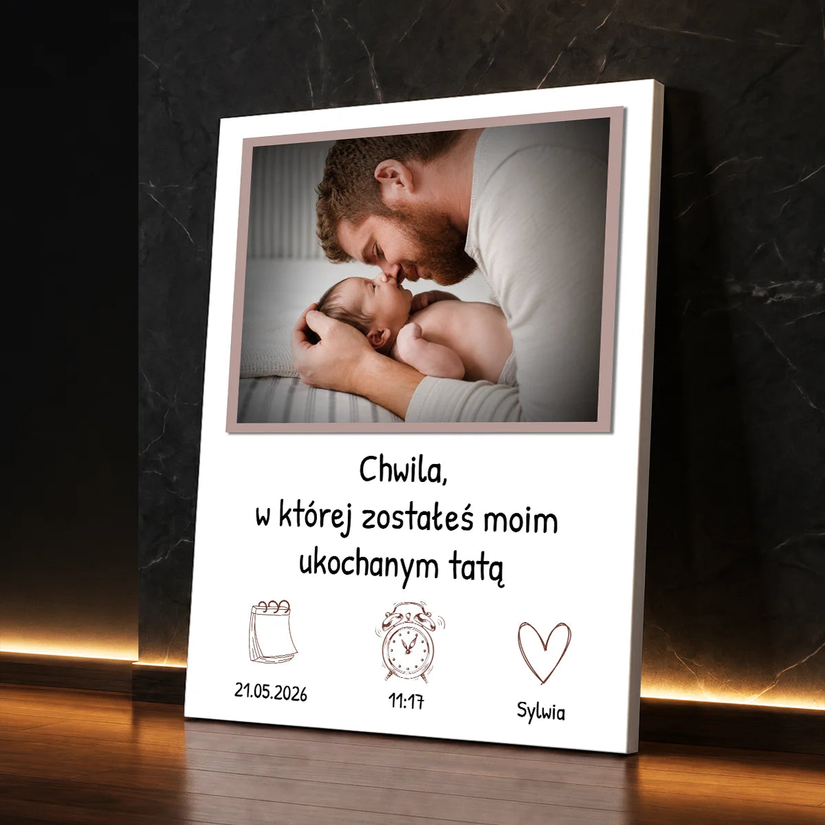 Personalizowane zdjęcie na płótnie dla taty z fotografią, datą narodzin dziecka, godziną i imieniem jako wyjątkowa pamiątka
