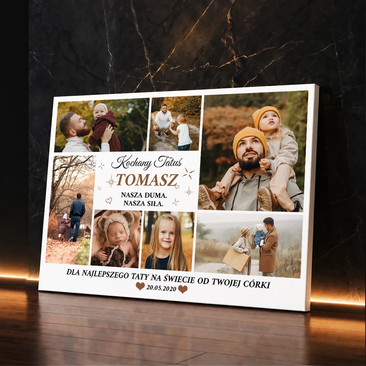 Personalizowany kolaż 7 zdjęć dla taty z imieniem i dedykacją na płótnie — prezent na Dzień Ojca od córki