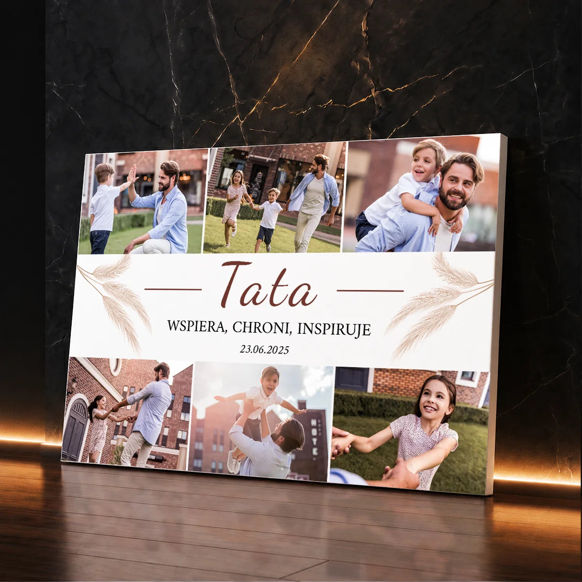 Personalizowany kolaż ze zdjęć dla taty na płótnie z napisem Tata Wspiera Chroni Inspiruje — prezent na Dzień Ojca