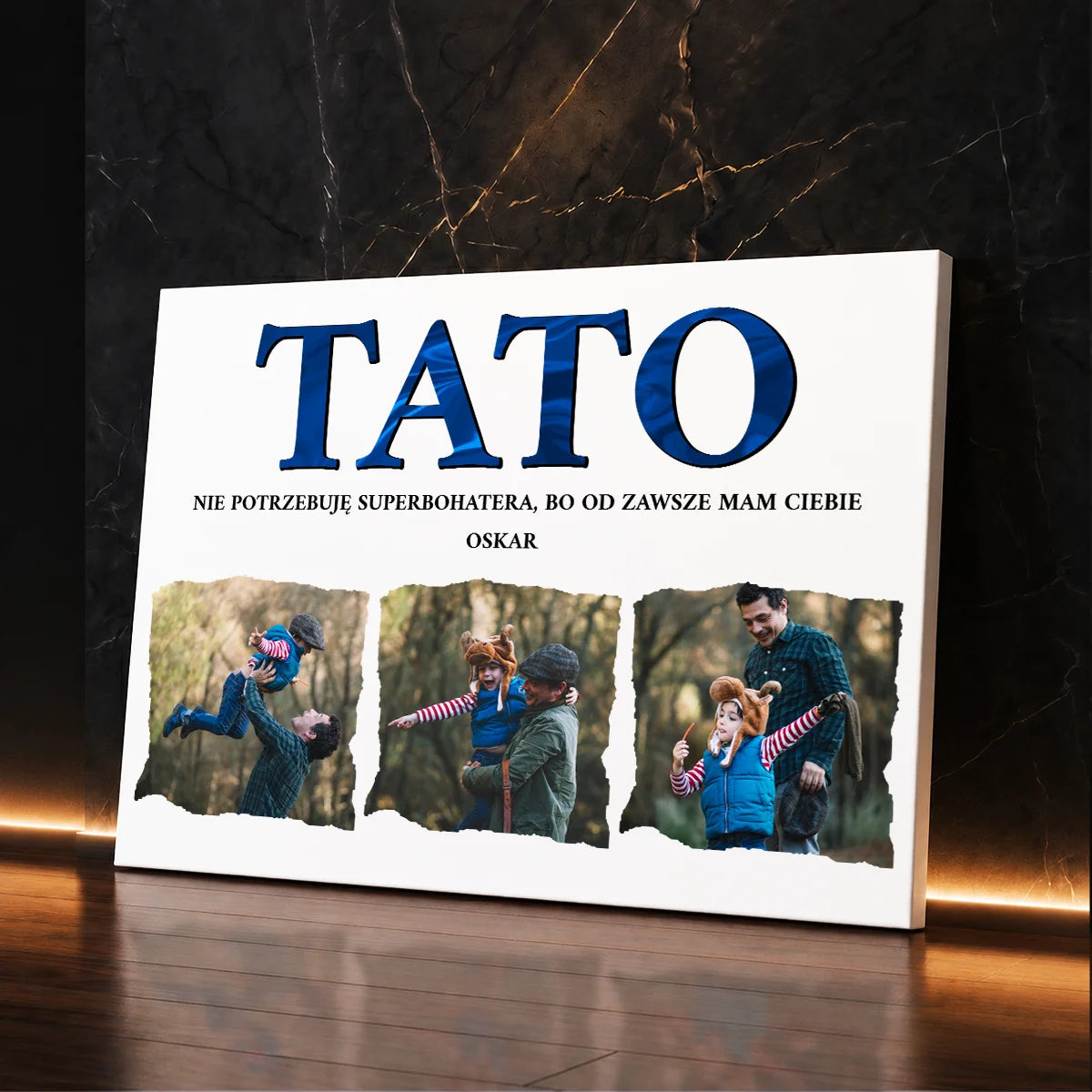 Personalizowany fotokolaż dla taty na płótnie z napisem TATO Superbohater — prezent na Dzień Ojca