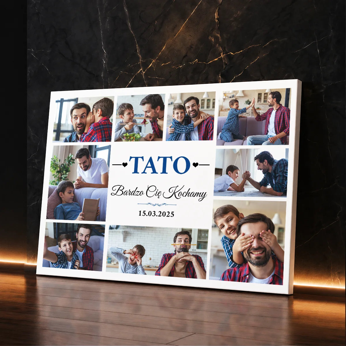 Personalizowany kolaż 8 zdjęć dla taty na płótnie z napisem Tato Bardzo Cię Kochamy — prezent na Dzień Ojca