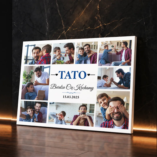 Personalizowany kolaż 8 zdjęć dla taty na płótnie z napisem Tato Bardzo Cię Kochamy — prezent na Dzień Ojca