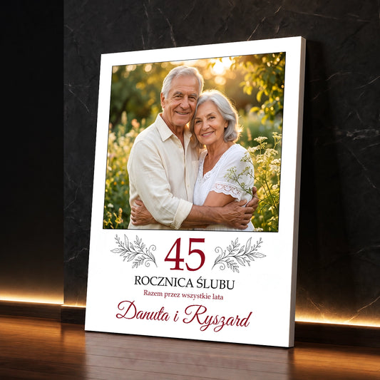 Personalizowany prezent na 45 rocznicę ślubu - zdjęcie na płótnie z fotografią pary i cyfrą 45