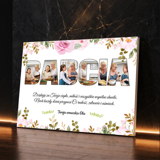 Personalizowany fotokolaż dla babci od wnuczki – kolaż na płótnie ze zdjęciami i własną dedykacją