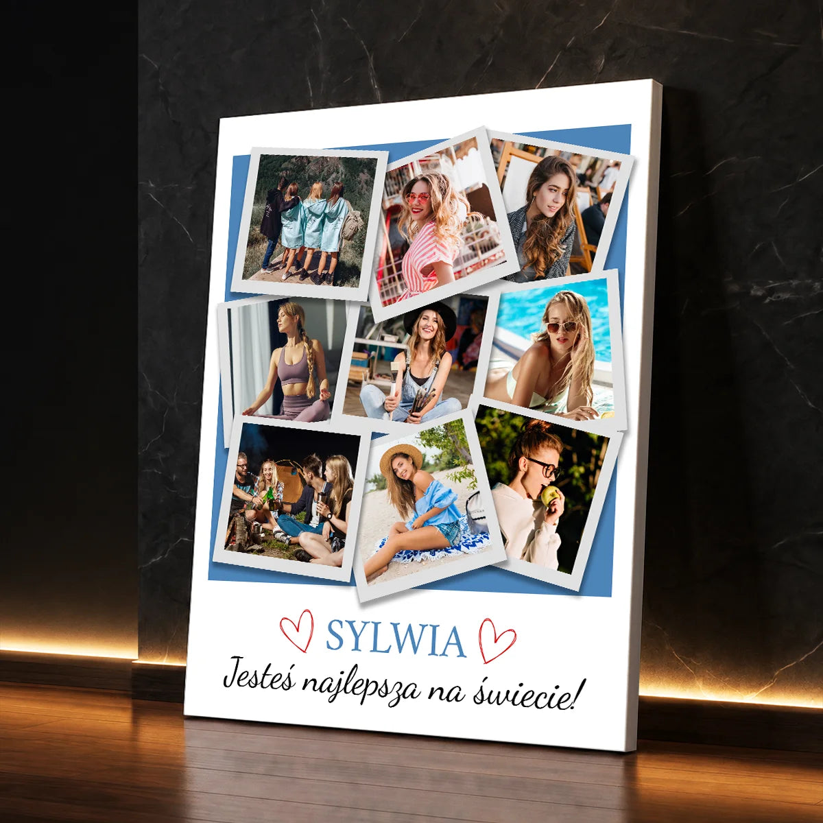 Personalizowany kolaż zdjęć na płótnie dla kobiety ze zdjęciami w stylu polaroid i indywidualną dedykacją od bliskiej osoby