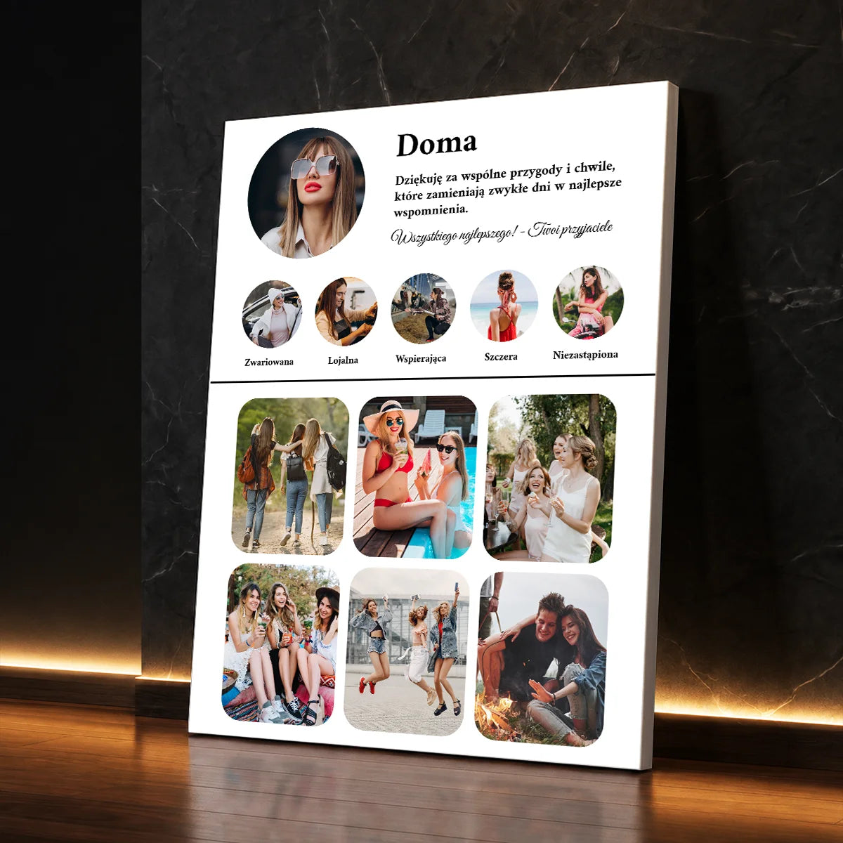 Personalizowany prezent dla przyjaciółki na urodziny – fotokolaż na płótnie ze wspólnymi zdjęciami i własnym tekstem
