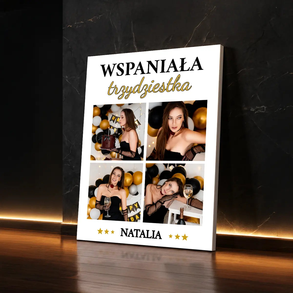 Personalizowany fotokolaż na płótnie ze zdjęciami i imieniem jubilantki – prezent na 30 urodziny dla kobiety