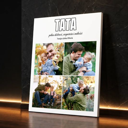 Personalizowany kolaż ze zdjęć dla taty na płótnie z dedykacją od córki — prezent na Dzień Ojca
