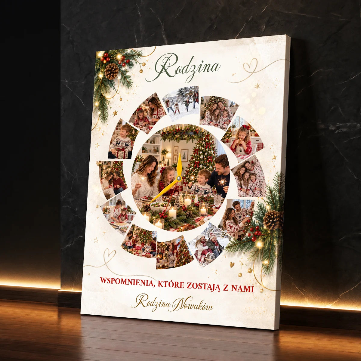 Personalizowany prezent dla rodziny na święta - kolaż na płótnie ze wspólnymi zdjęciami ułożonymi w krąg wokół jednej fotografii