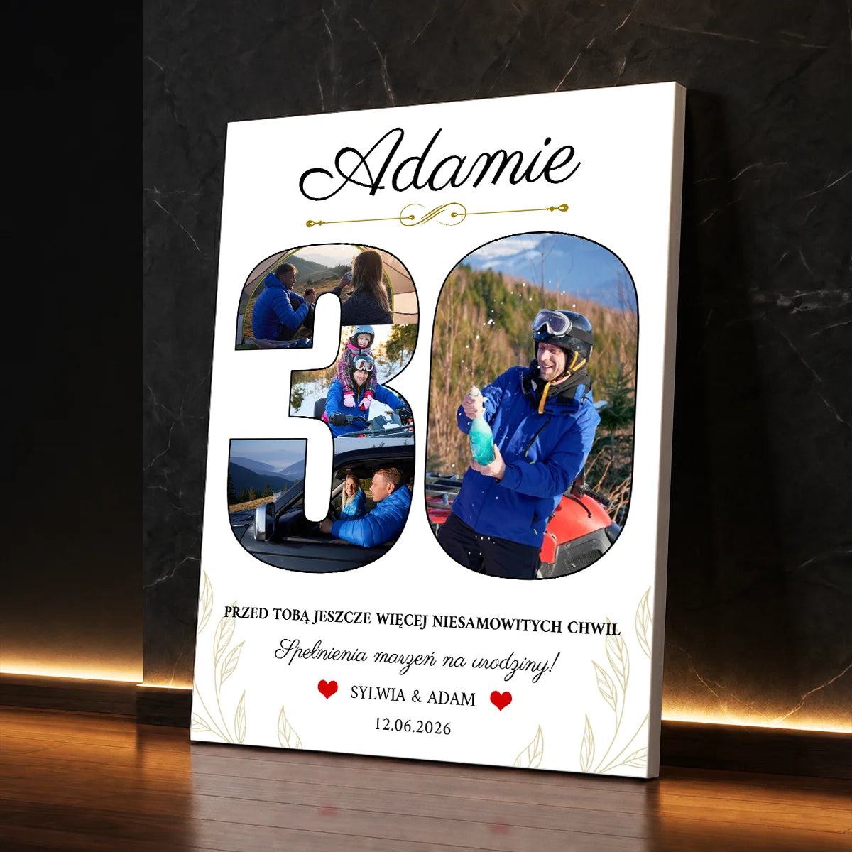 Personalizowany prezent dla niego na 30 urodziny – fotokolaż na płótnie ze zdjęciami i własnym tekstem