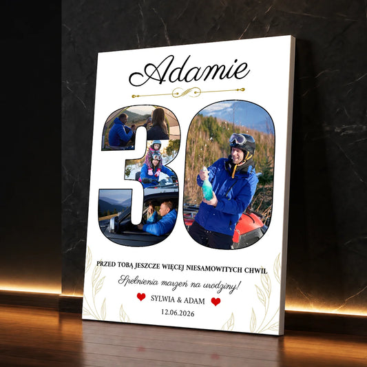Personalizowany prezent dla niego na 30 urodziny – fotokolaż na płótnie ze zdjęciami i własnym tekstem