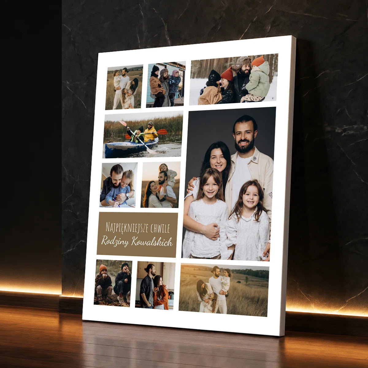 Rodzinny kolaż zdjęć na płótnie z fotografiami bliskich, wspólnych chwil i personalizowanym podpisem rodziny